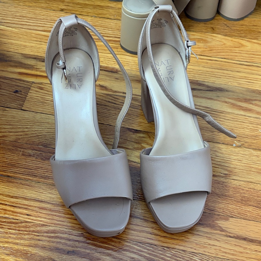 Naturalizer Taupe Block Heel Sandals with Ankle Strap